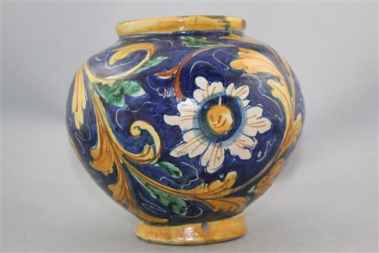 An Italian maiolica globular jar, Caltagirone, 18th / 19th century, 18.5cm., damages